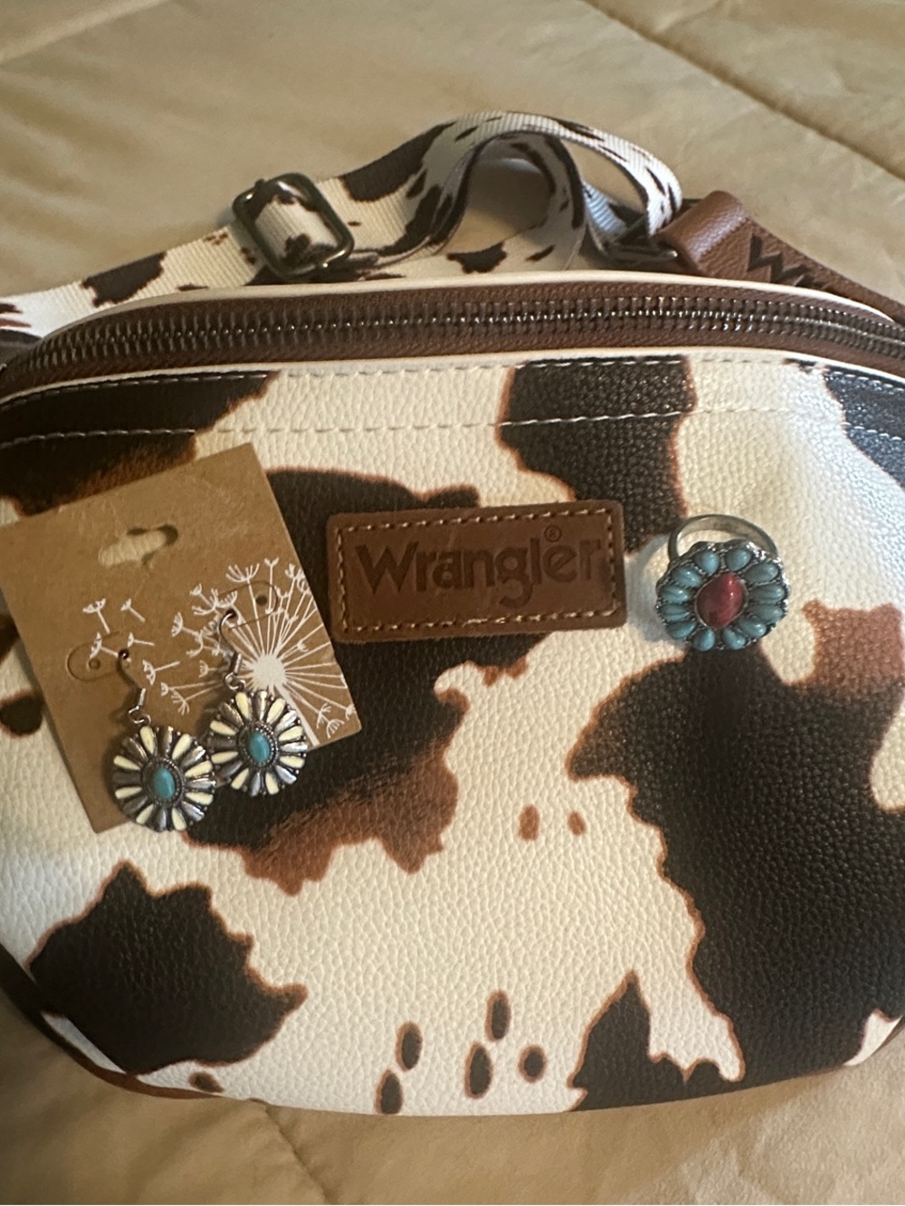 Wrangler White and Brown Cowhide-Print Crossbody Bag with Turquoise Accents